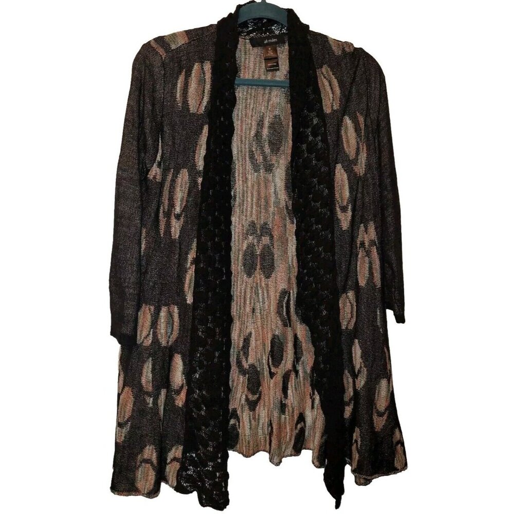 Ali Miles Black and Beige Patterned Open Cardigan